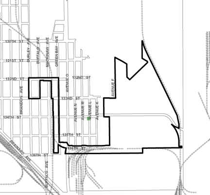134th/Avenue K TIF district, roughly bounded on the north by 130th Street, 136th Street on the south, Indiana Harbor Belt Railroad tracks on the east, and Burley Avenue on the west.